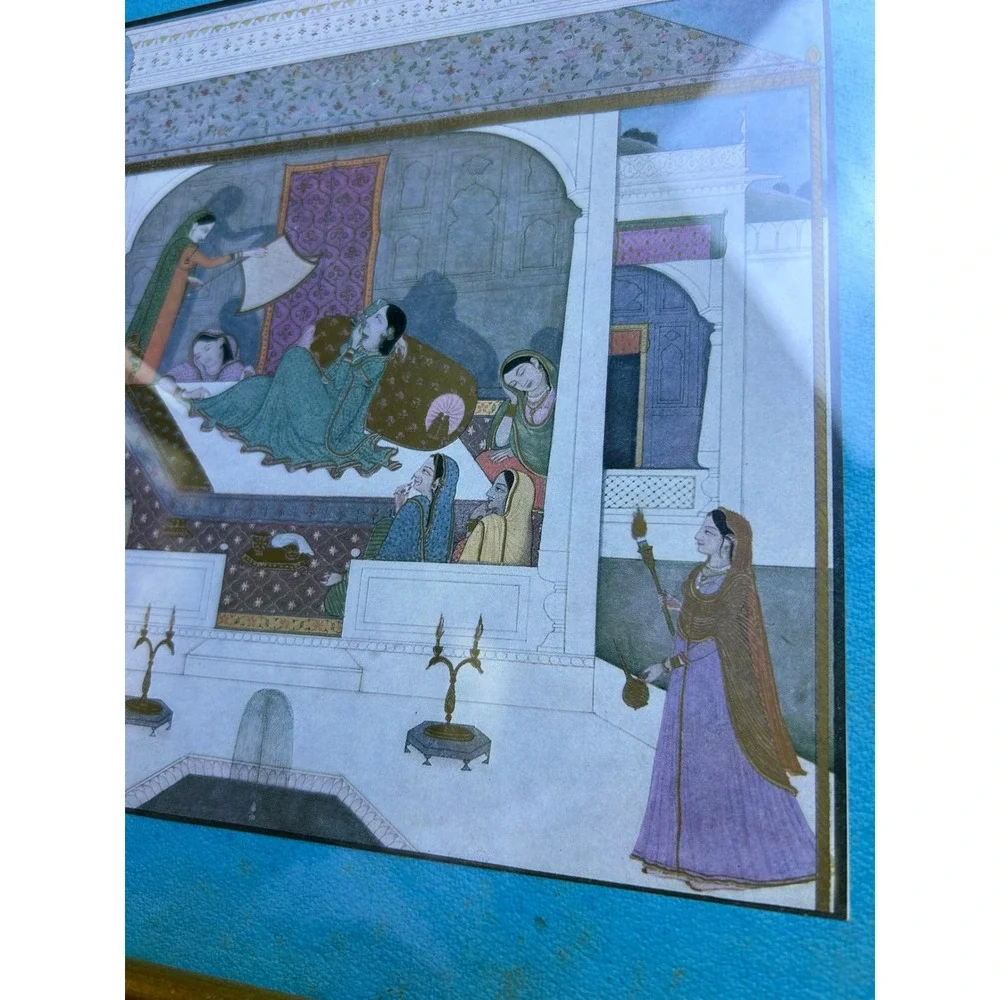 Vintage Framed Indian Pahari Mahabharata Print Palace Scene Wall‎ Art
